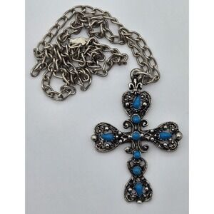 Ornate Filigree Cross Pendant Necklace 1980s Southwest Faux Turquoise Vintage